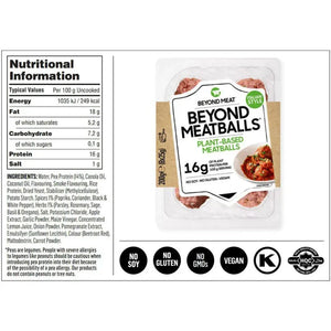 Beyond Meatballs plant-based meatballs pack with nutritional info, vegan, gluten-free, UAE