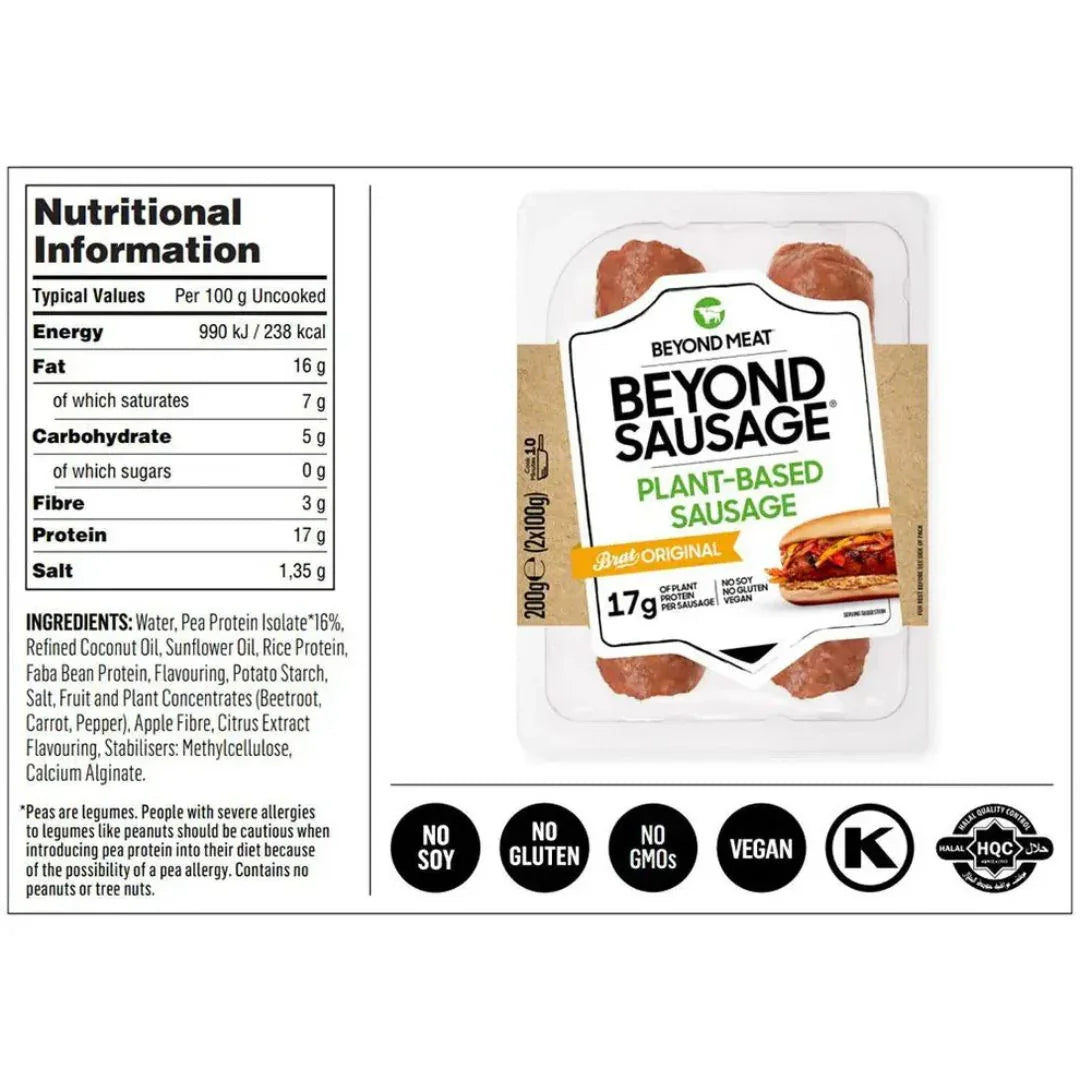 Beyond Meat Beyond Sausage plant-based sausage pack with nutrition facts, vegan, soy-free, gluten-free, UAE