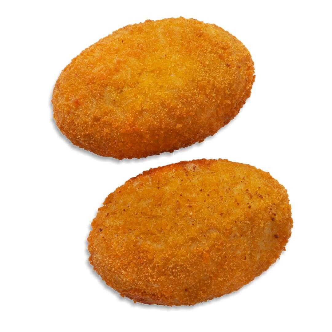 Two golden, breaded plant-based nuggets on a white background from iPlantBased UAE.