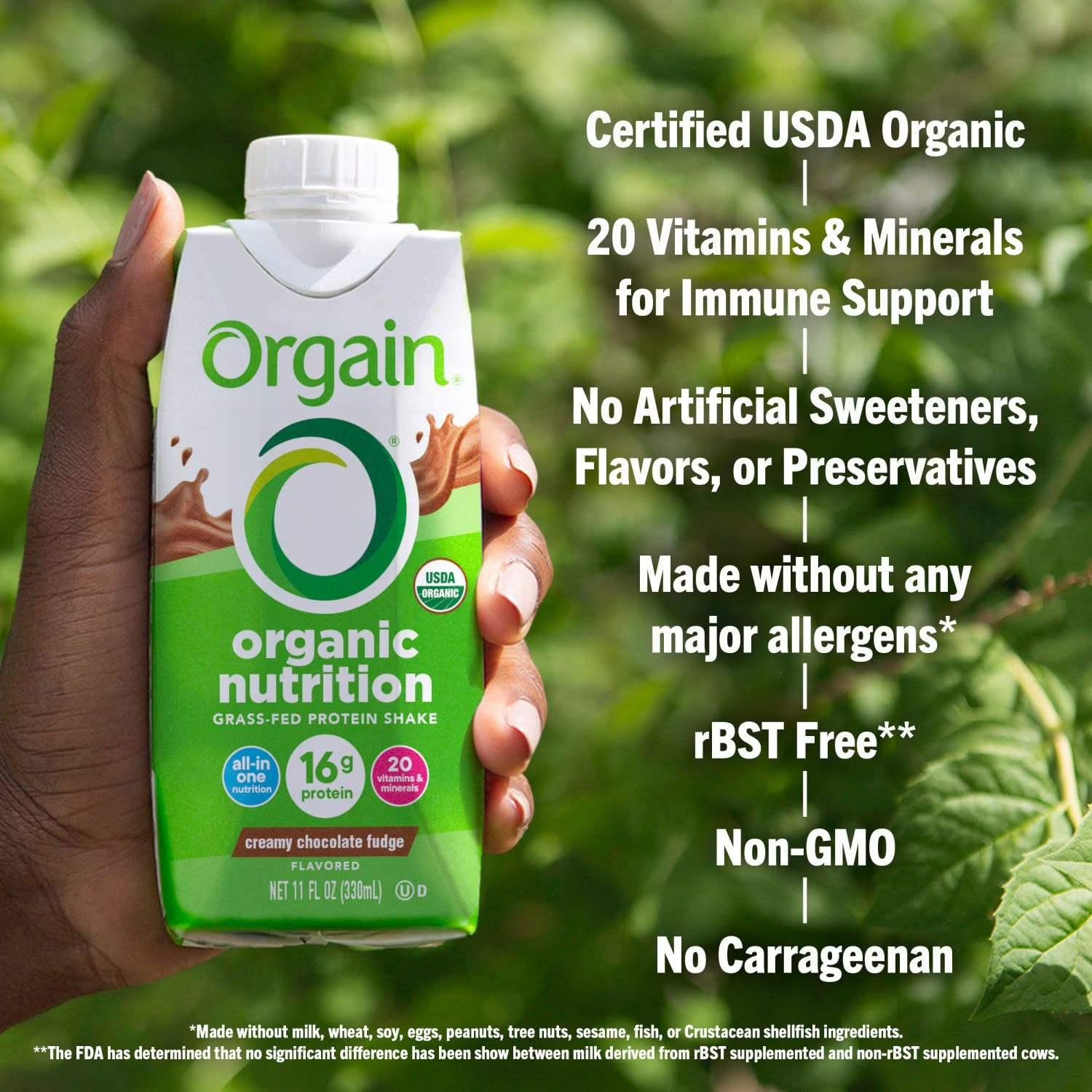 Orgain Organic Nutrition 16g Grass- Fed Protein Shake, Creamy Chocolate Fudge, 330ml (12 pk)
