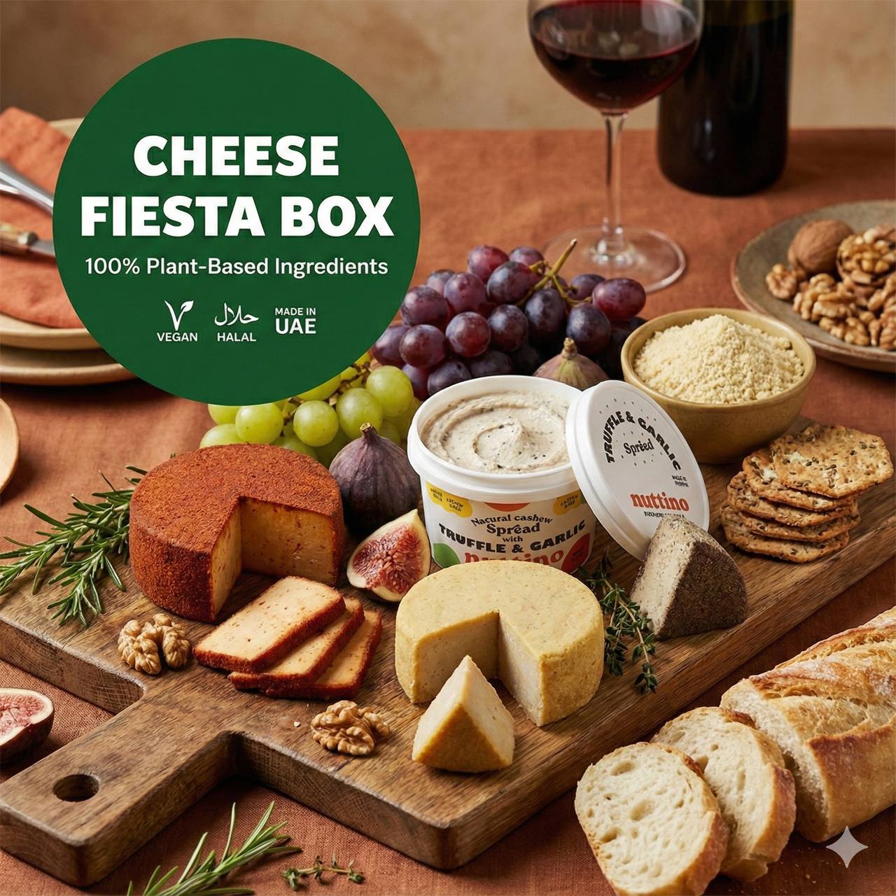 Vegan plant-based cheese box with assorted cheeses, crackers, grapes, and bread on a wooden board.