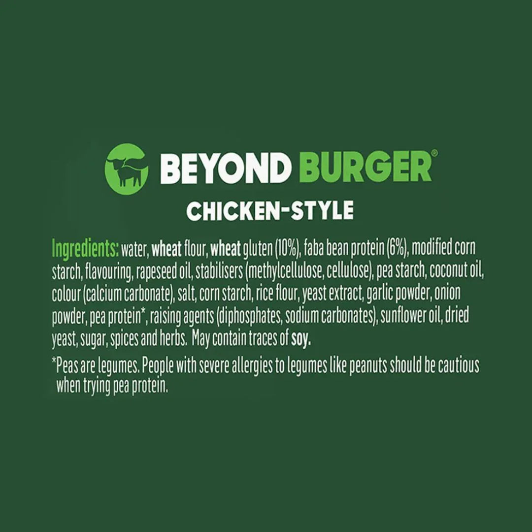 Beyond Burger chicken-style plant-based burger ingredients label on green background.