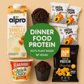 Plant-based protein foods including almond milk, oats, dried fruit, muffin, cheese puffs from iPlantBased UAE