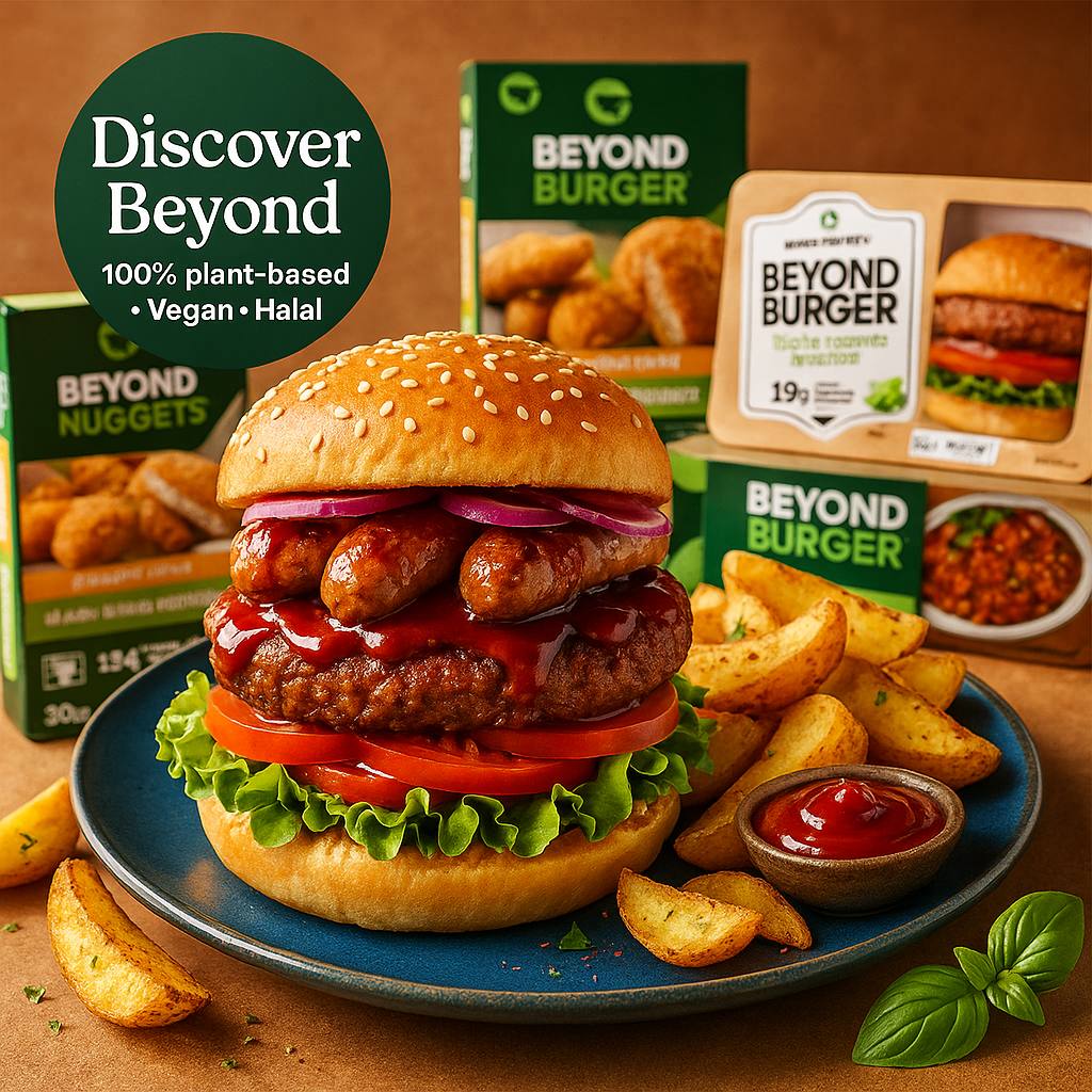 Plant-based Beyond Burger with fries, packaged vegan nuggets and burger patties from iPlantBased UAE