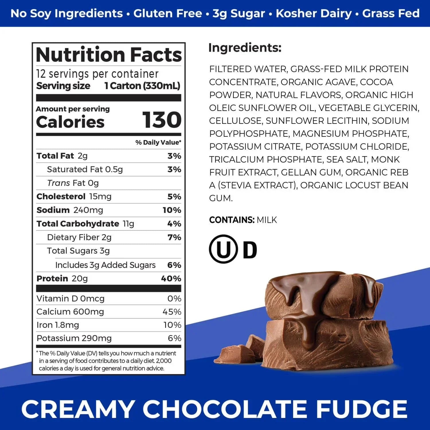 Orgain 20g Clean Protein Grass Fed Shake, Creamy Chocolate Fudge 330ml