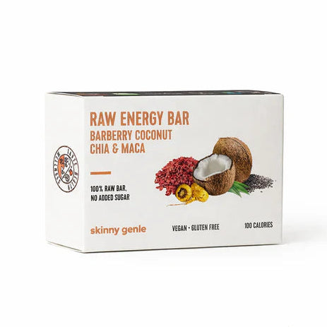 Box of Raw Energy Bar with barberry, coconut, chia, and maca on a white background