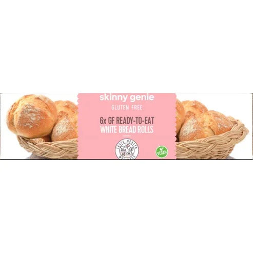 Skinny Genie gluten free ready-to-eat white bread rolls in a basket, vegan plant-based product