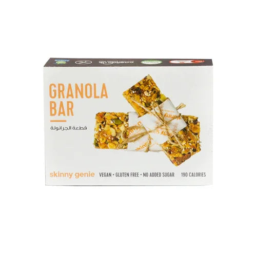 Skinny Genie vegan gluten-free granola bar box with oat and nut bars, iPlantBased UAE