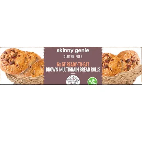 Skinny Genie gluten free brown multigrain bread rolls in basket, vegan plant-based food UAE