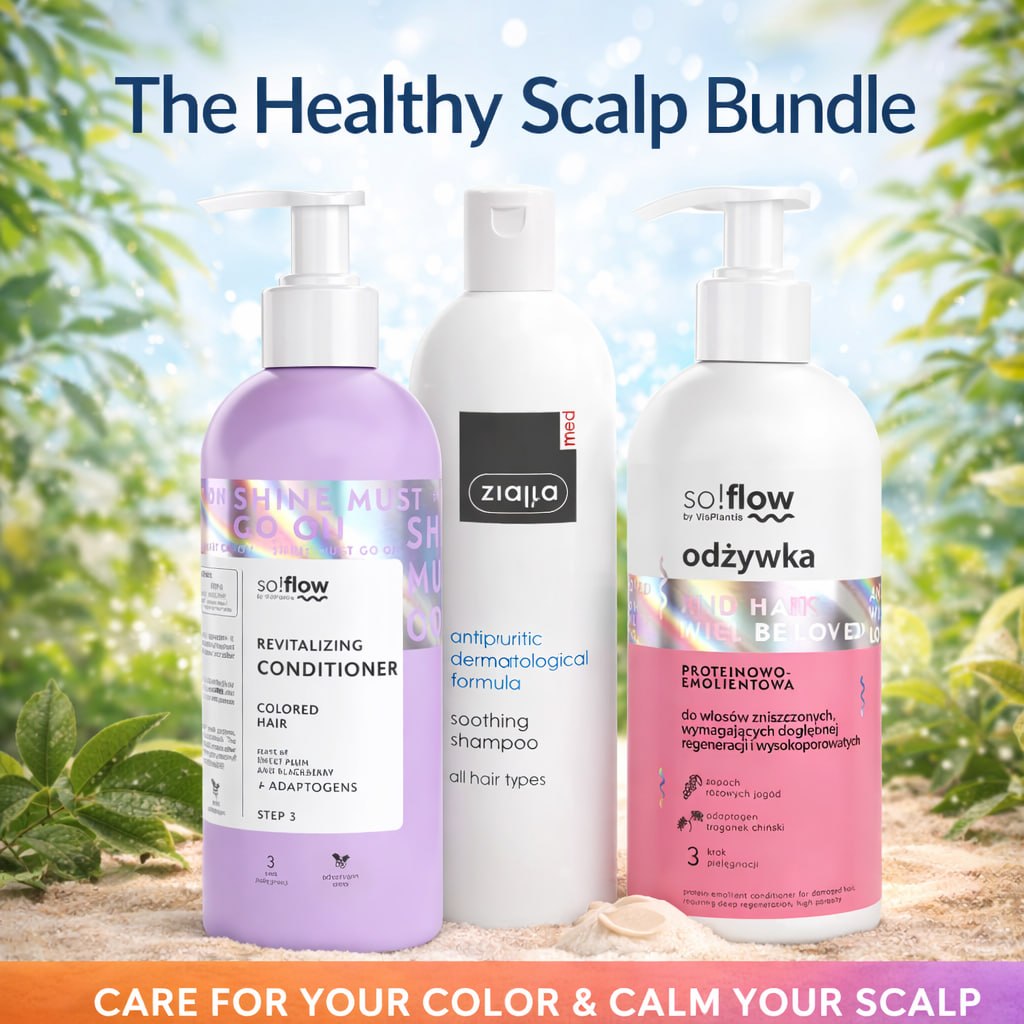 Three hair care products from different brands with a natural background