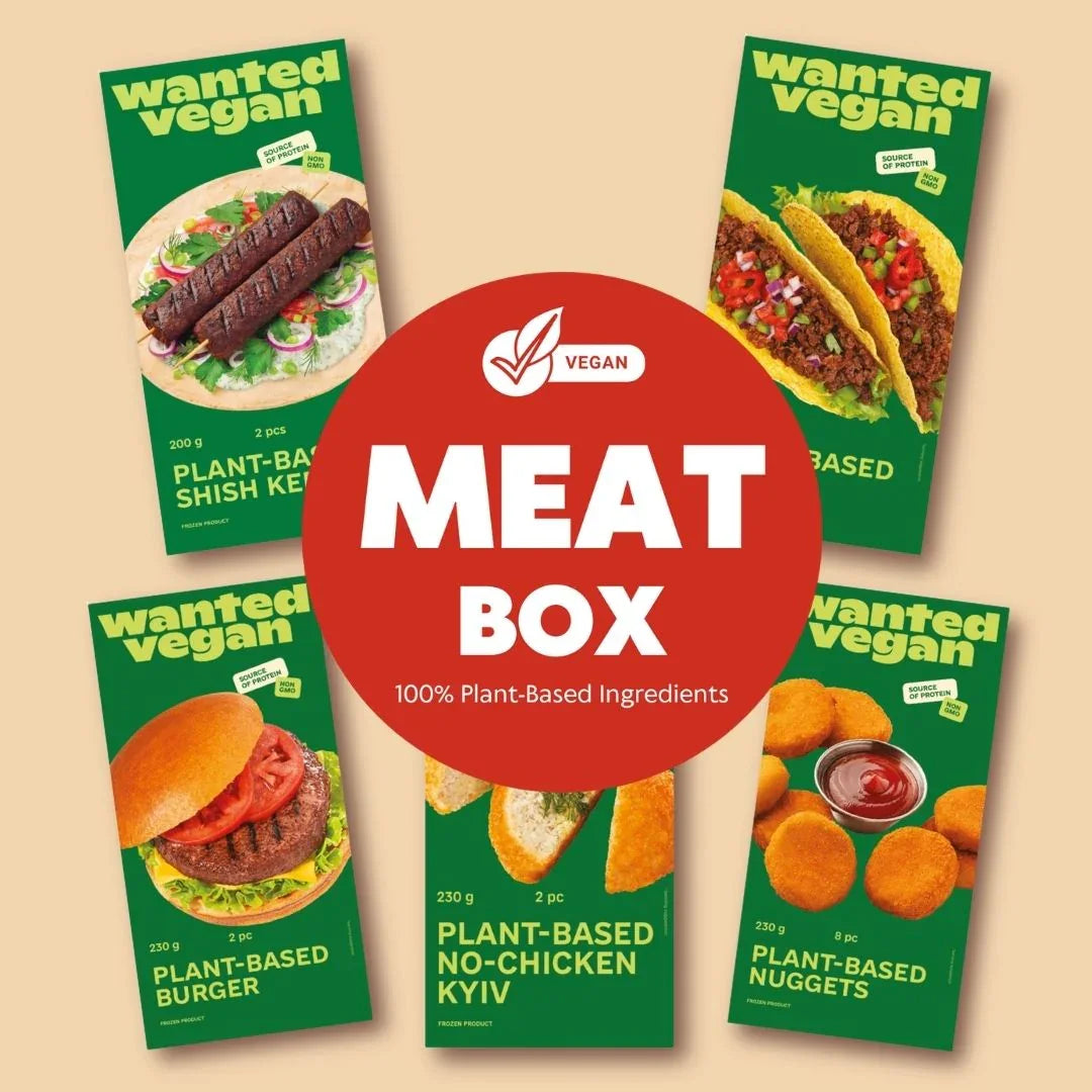 iPlantBased vegan meat box with plant-based burger, kebab, nuggets, Kyiv, and taco products