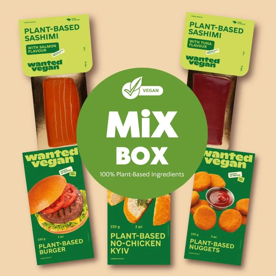 iPlantBased vegan mix box featuring plant-based sashimi, burger, nuggets, and Kyiv in UAE