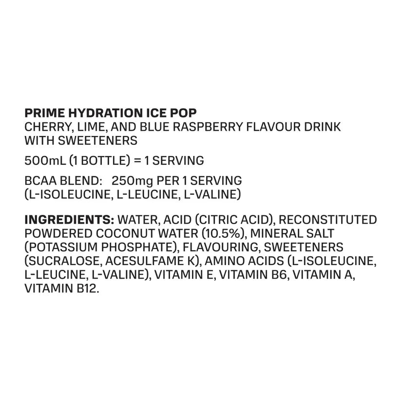 Prime Hydration Ice Pop ingredients and nutrition label, vegan drink with BCAA and coconut water
