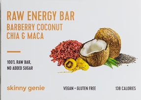 Raw energy bar packaging with barberry, coconut, chia, maca images; vegan, gluten-free, 138 calories