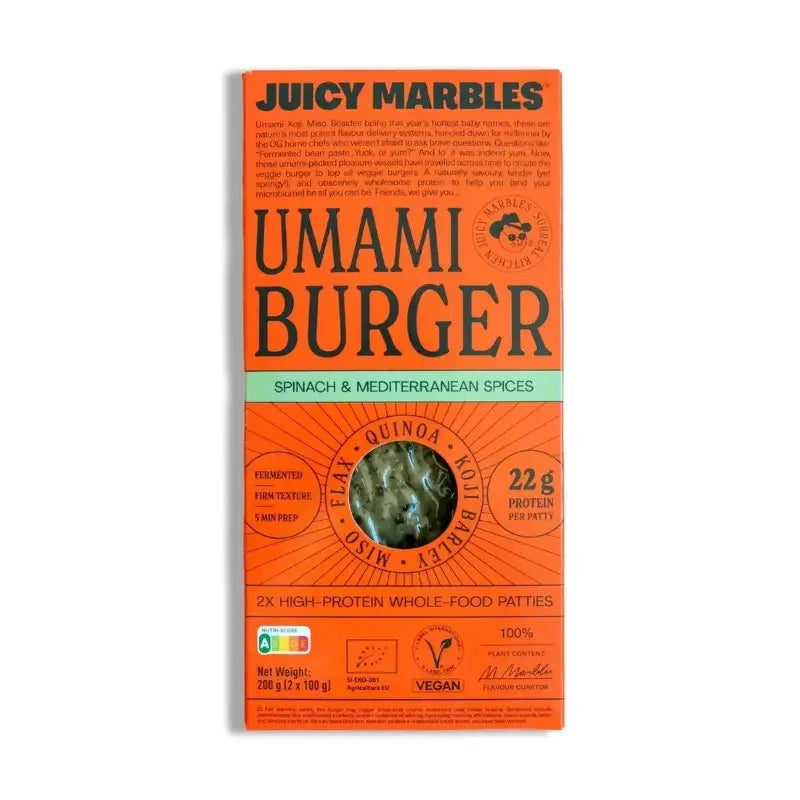 Orange package of Juicy Marbles Umami Burger with text and branding.