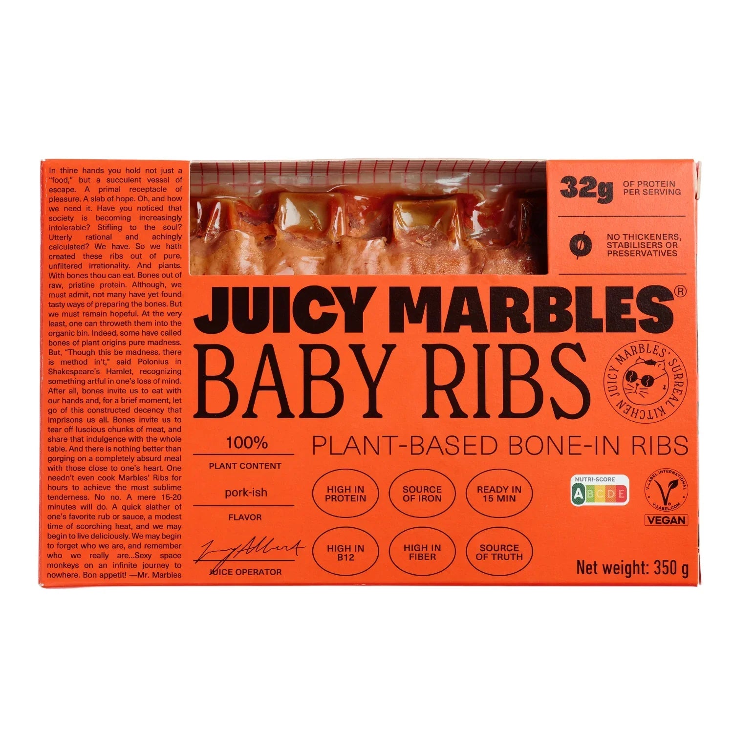Juicy Marbles Baby Ribs with branding and product details on an orange background