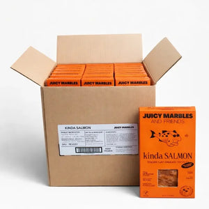 Open cardboard box with multiple boxes of 'Juicy Marbles and Friends' kinda Salmon on a white background.