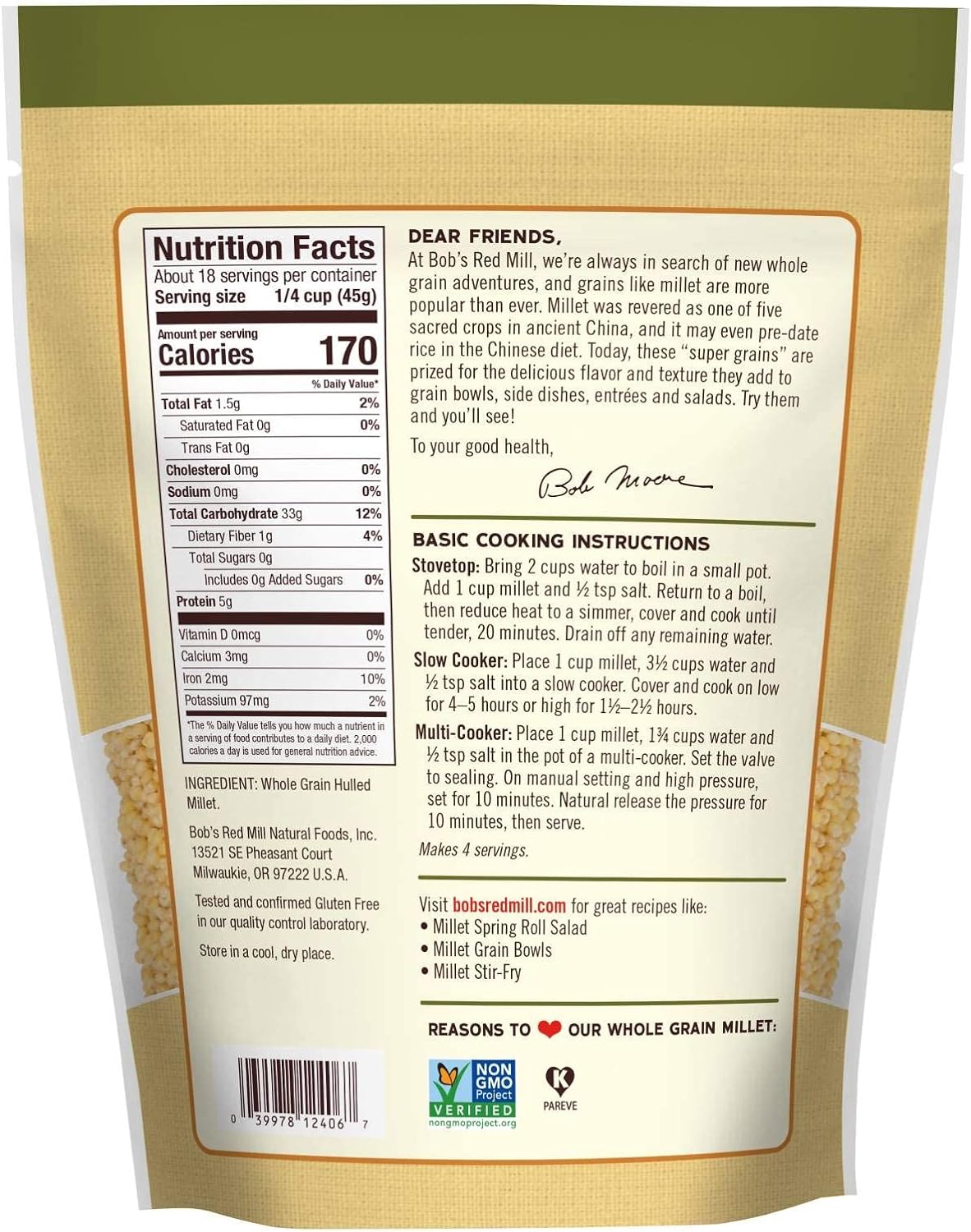 Bob's Red Mill Whole Grain Millet, Gluten Free, Non-GMO 794gm