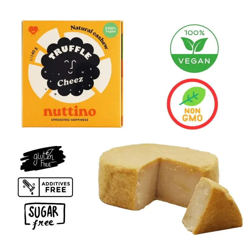 Nuttino Truffle Cheez packaging with product and certification icons on a white background
