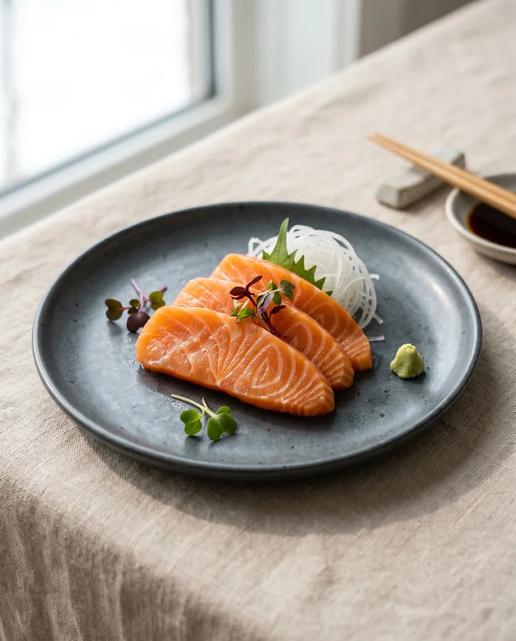 Plant-based vegan sashimi nigiri with rice and garnish on a plate from iPlantBased UAE