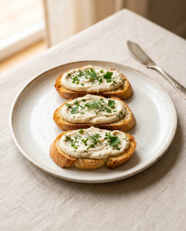 Plant-based crostini with creamy topping and herbs on rustic table, vegan appetizers UAE