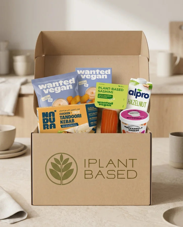 iPlantBased vegan meat box with plant-based burgers, shish kebab, nuggets, tacos, and Kyiv options