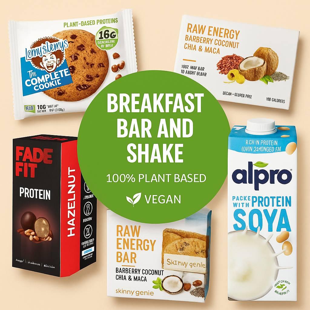 Assorted plant-based breakfast bars, protein drink, and vegan cookie from iPlantBased UAE