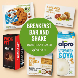Assorted plant-based breakfast bars, protein drink, and vegan cookie from iPlantBased UAE