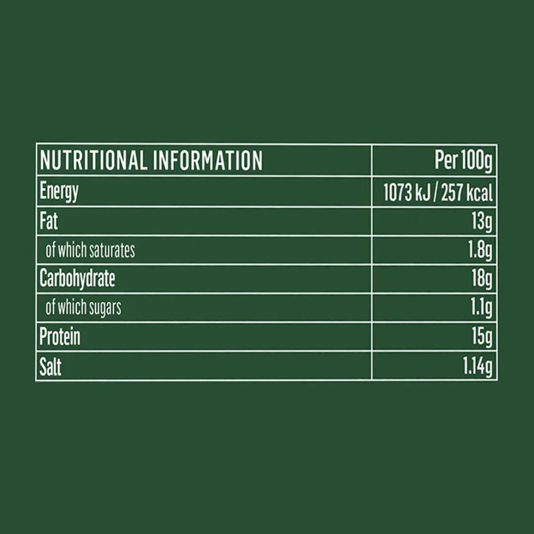 iPlantBased plant-based food nutrition facts label, green background, nutrient values per 100g