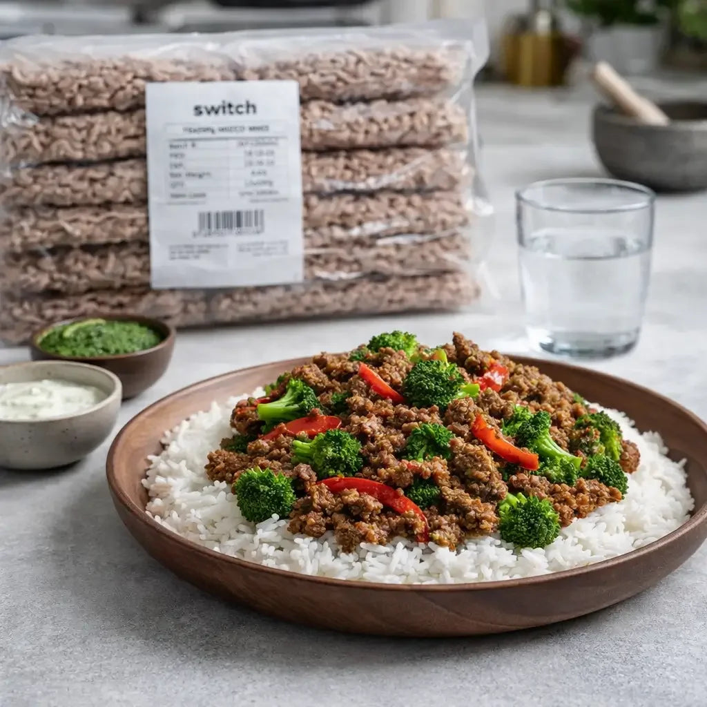 Bowl of ground meat with vegetables on rice, with 'switch' packaging in the background.