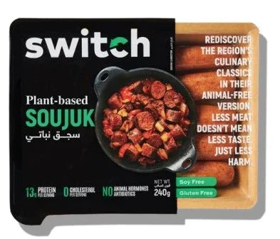 Switch plant-based soujuk package with cooked vegan sausage pieces, soy free and gluten free, iPlantBased UAE product