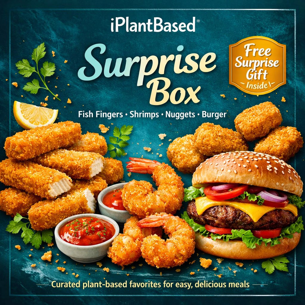 iPlantBased Surprise Box with plant-based fish fingers, shrimps, nuggets, and burger on a blue background.