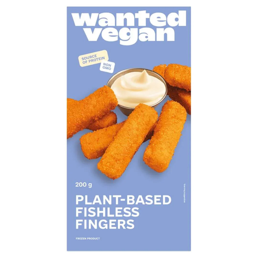 Box of plant-based fishless fingers, vegan, source of protein, served with dip.