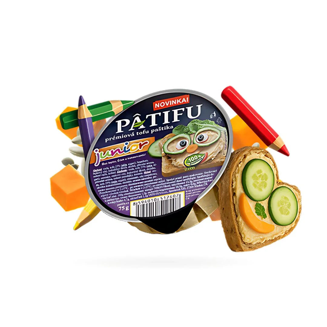 Patifu junior plant-based tofu pâté with heart-shaped bread, cucumber, cheese, and colored pencils
