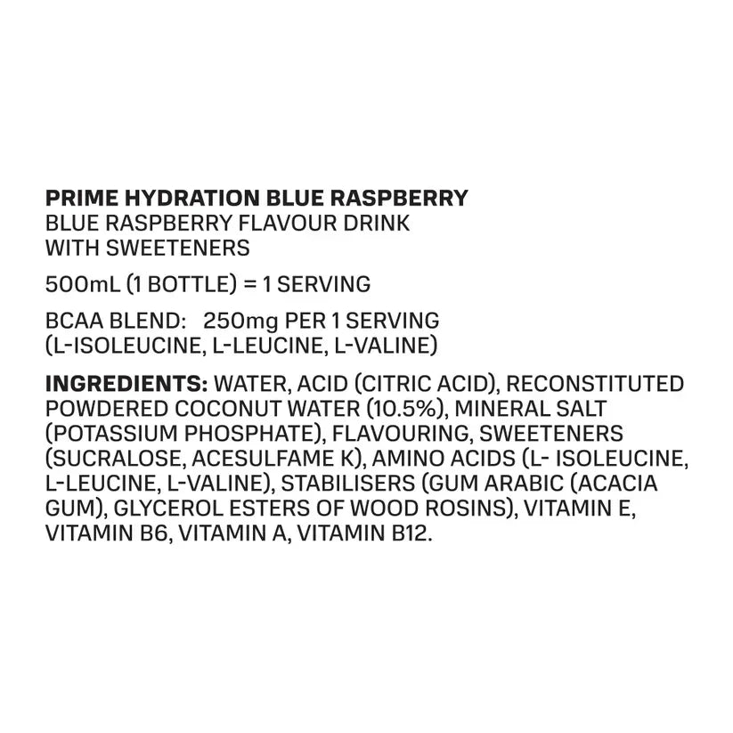 Prime Hydration Blue Raspberry drink nutrition and ingredients label, 500ml, plant-based beverage
