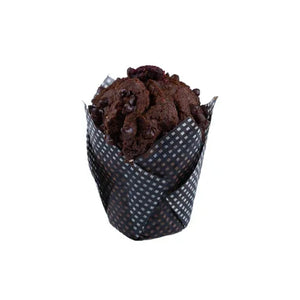 Raspberry dark Belgian chocolate muffin in checkered paper, iPlantBased vegan dessert