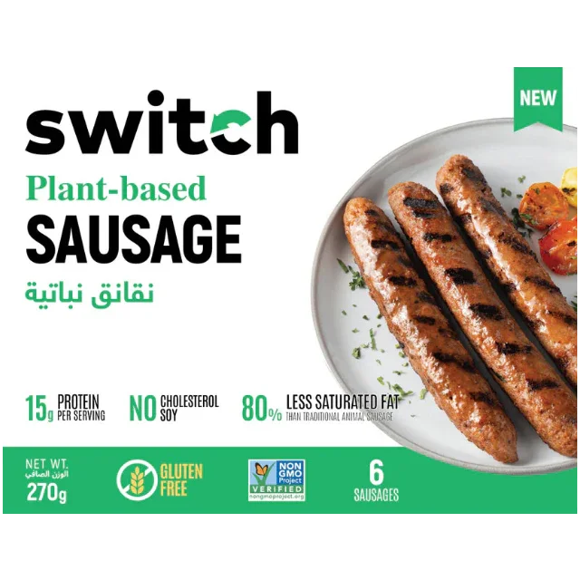 Switch plant-based sausages grilled on a plate, gluten-free, non-GMO, UAE vegan food product.