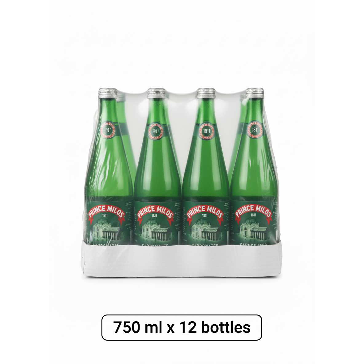 Prince Milos Natural Sparkling Mineral Water Glass Bottle 750 ml x 12