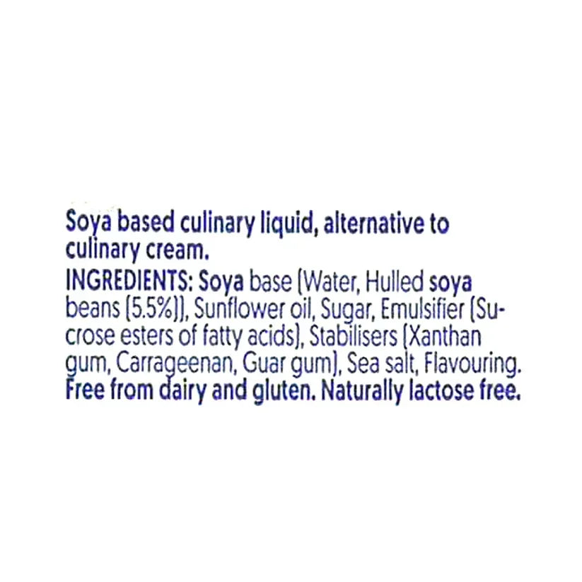 Soya-based culinary cream ingredient label, plant-based, dairy and gluten free, lactose free.