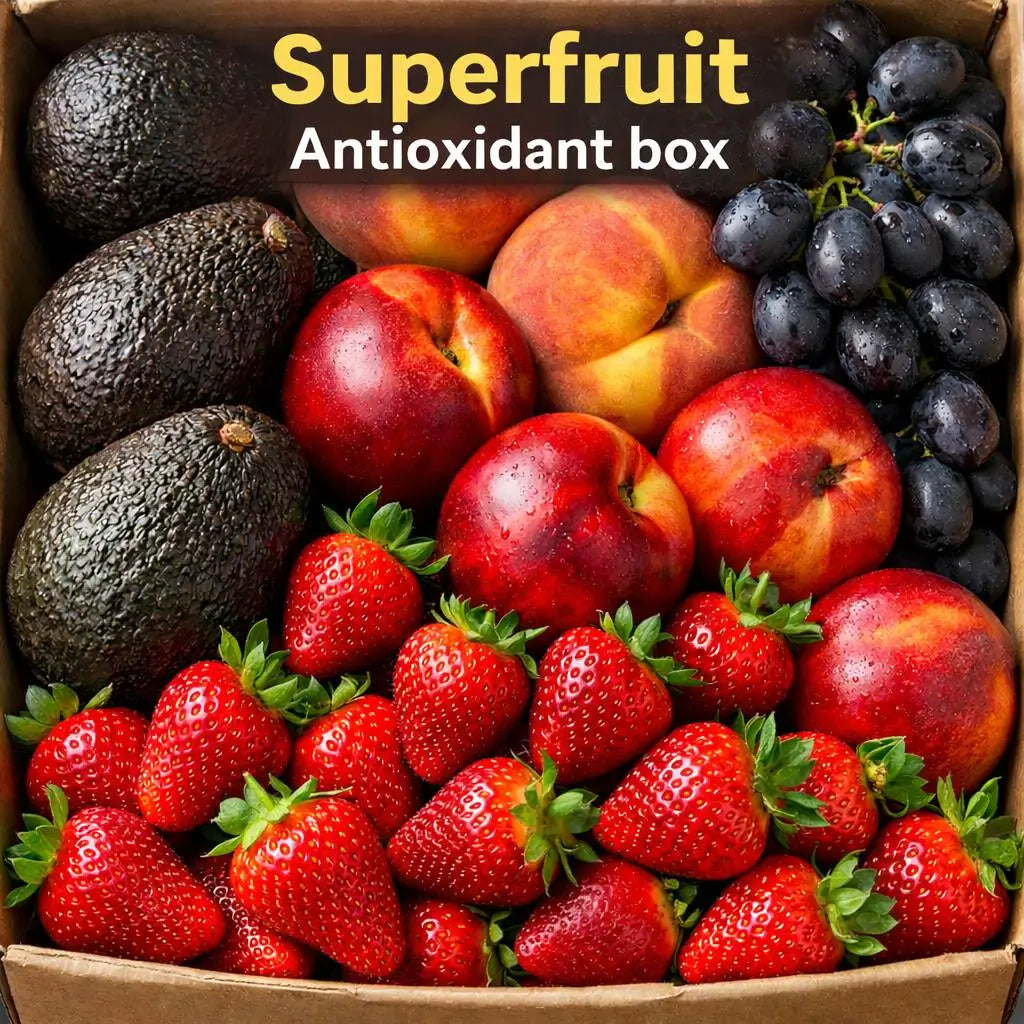 Box of superfruits including avocados, peaches, grapes, and strawberries with 'Superfruit Antioxidant box' text.