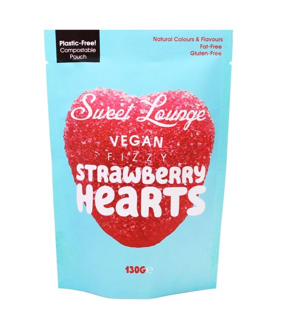 Sweet Lounge Vegan Fizzy Strawberry Hearts Pouch 130g