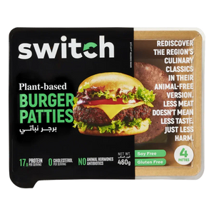 Switch plant-based burger patties pack, soy free, gluten free, UAE vegan food, 4 patties