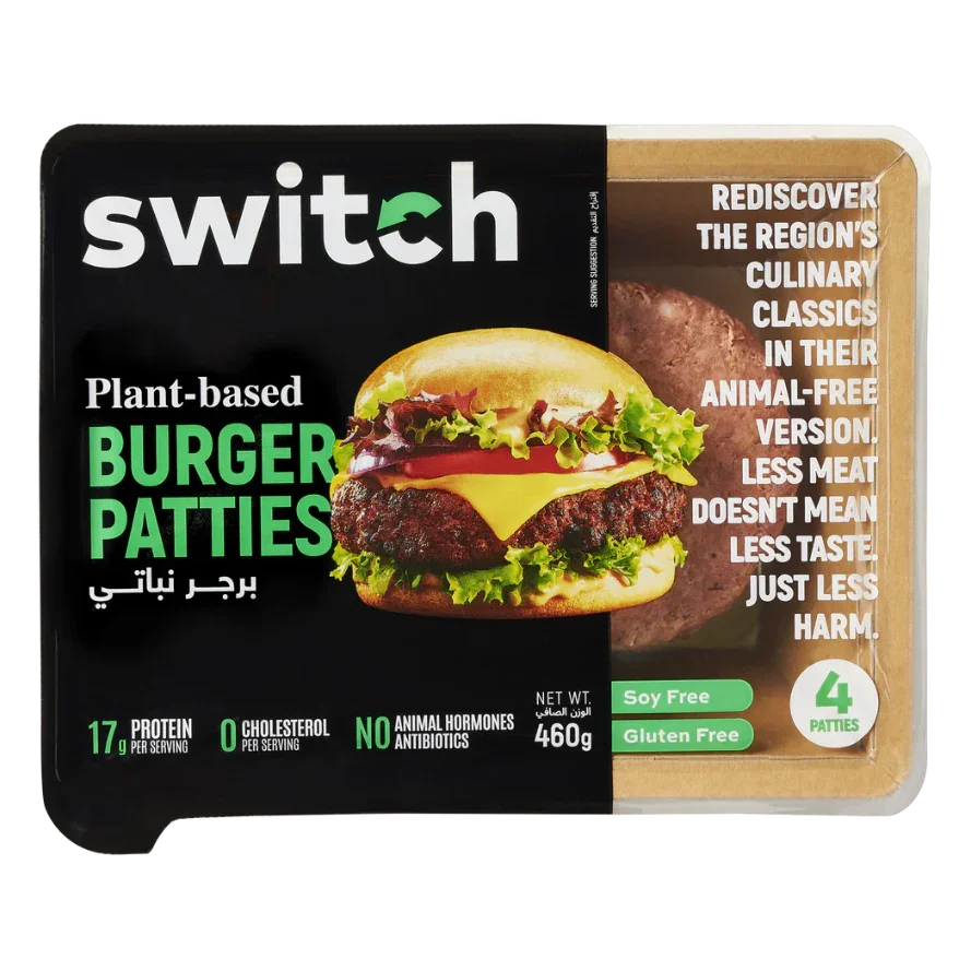 Switch plant-based burger patties pack, soy free, gluten free, UAE vegan food, 4 patties