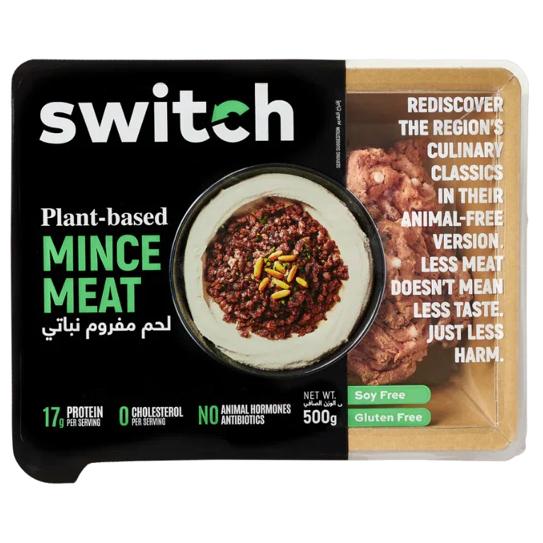 Switch plant-based mince meat package with cooked vegan mince, 500g, soy-free, gluten-free, iPlantBased UAE