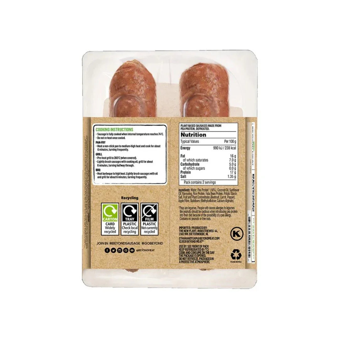 Plant-based sausages in eco-friendly packaging with nutrition and cooking instructions