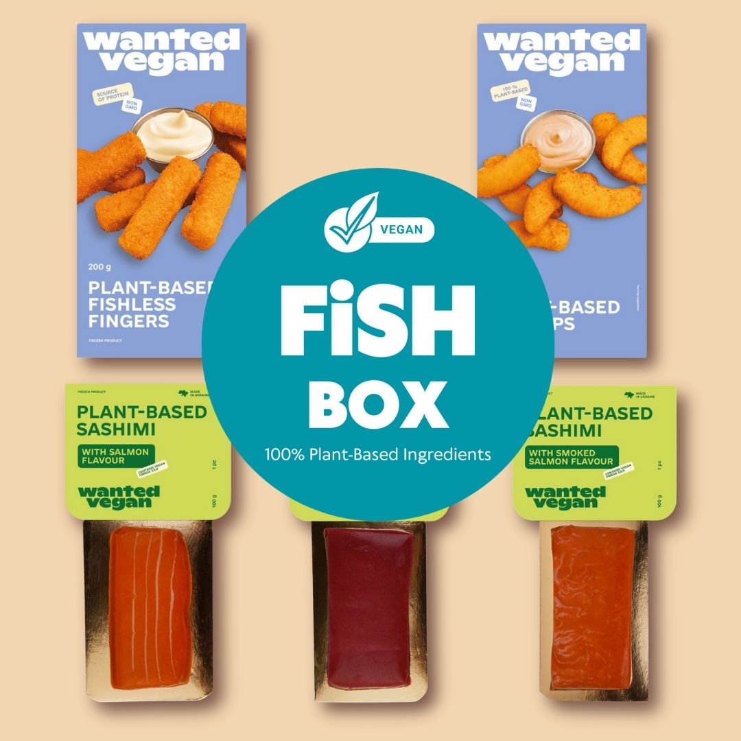 iPlantBased vegan fish box with plant-based fishless fingers, chips, and sashimi packs