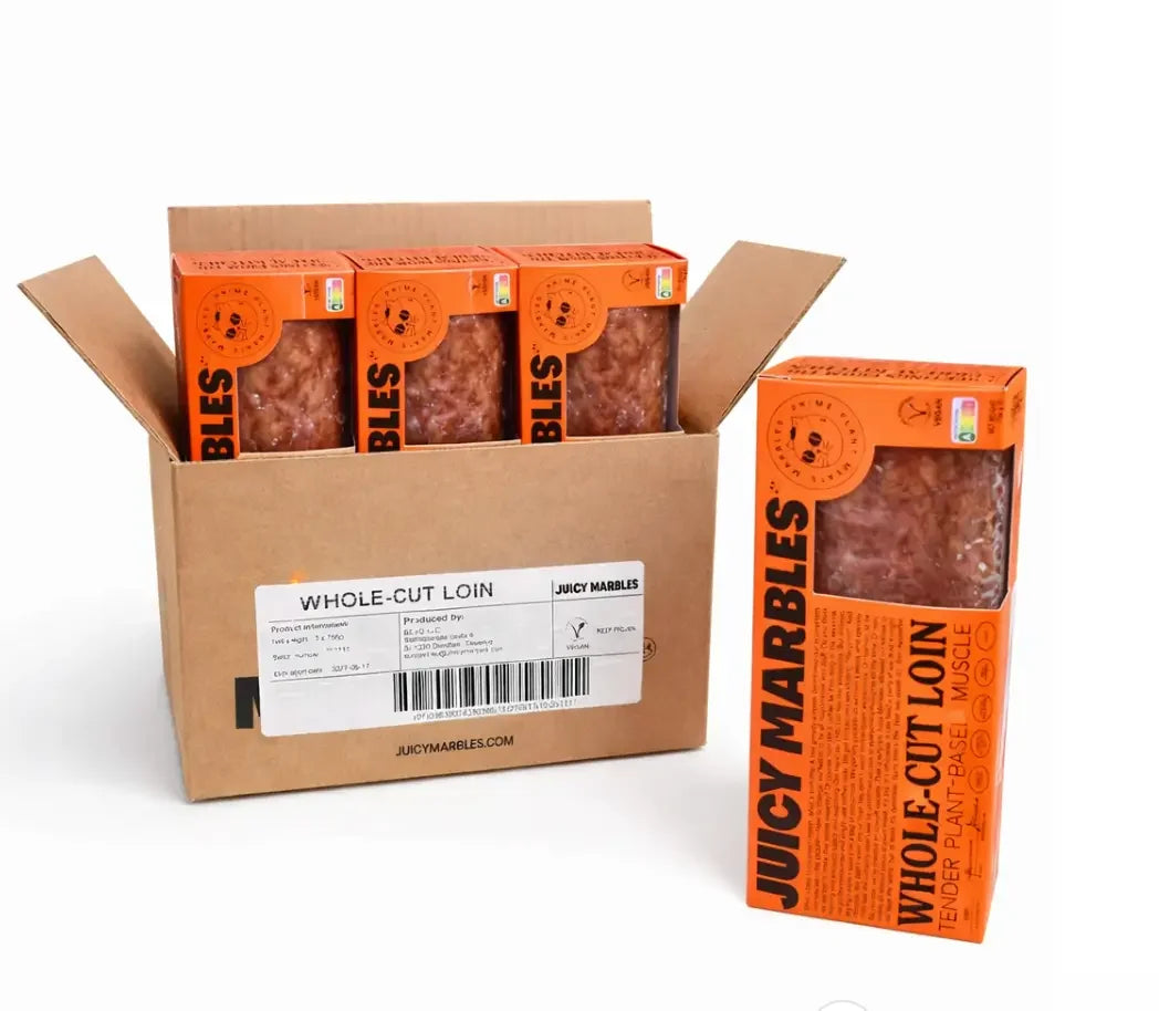 Box of Juicy Marbles whole-cut loin with packaging on a white background