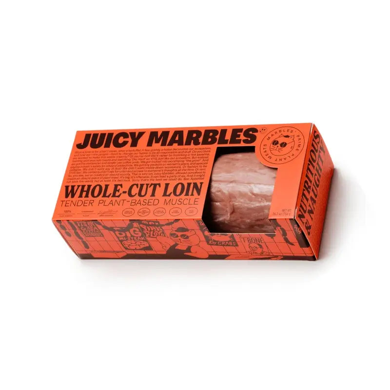 Box of 'Juicy Marbles' whole-cut loin on a white background