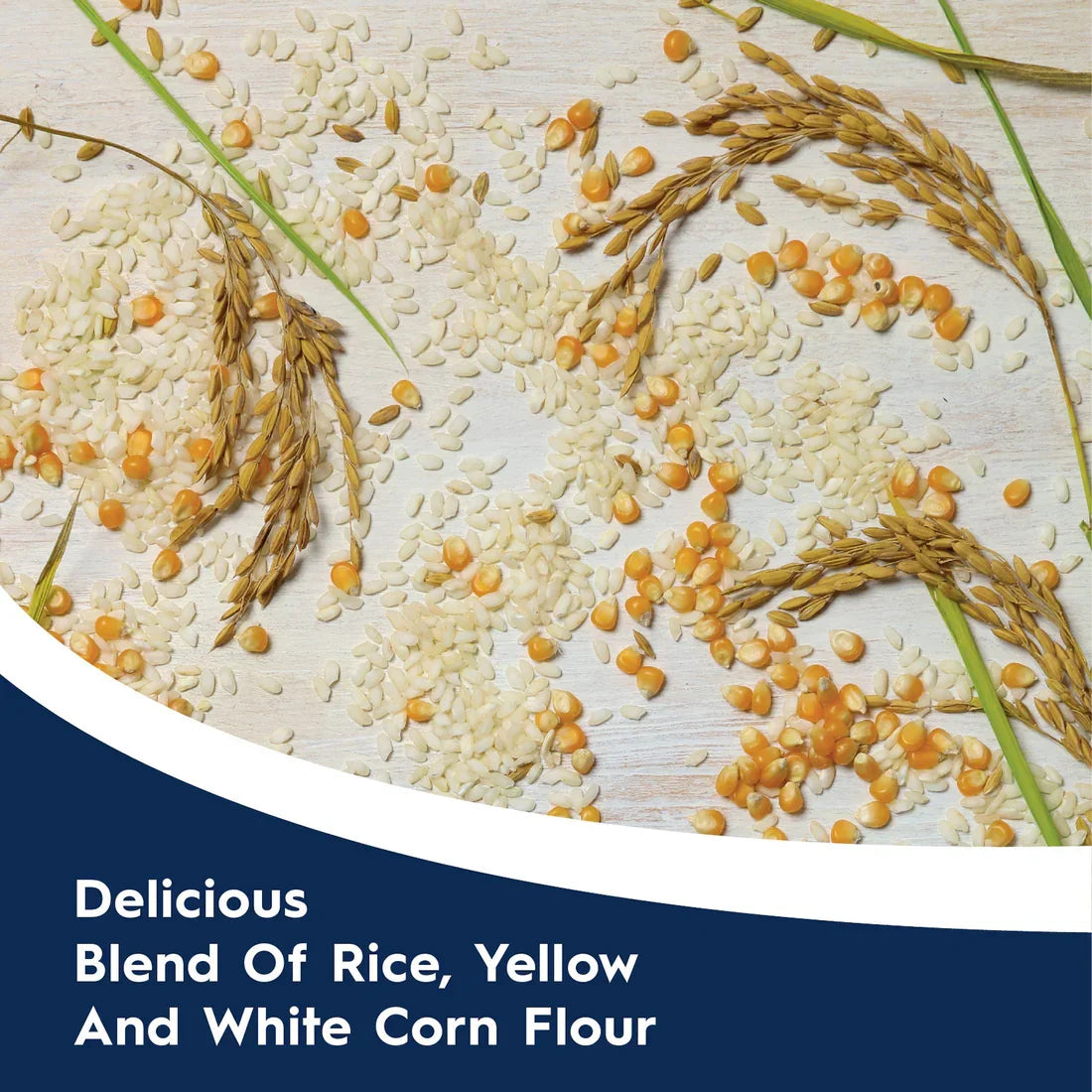 Rice grains, yellow and white corn kernels, and wheat stalks on light background, plant-based ingredient blend